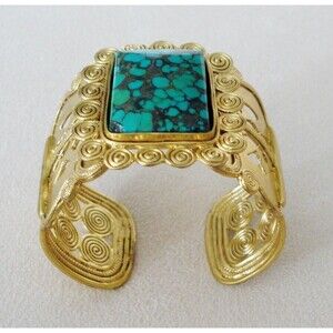 Bracelet Gold Plated Cuff Bangle Embellished with Turquoise Stone NWOT